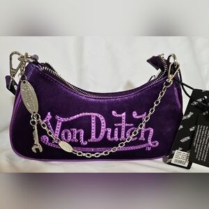 NWT Viral Von Dutch Purple Velvet Shoulder Bag Rhinestone Silver Charms